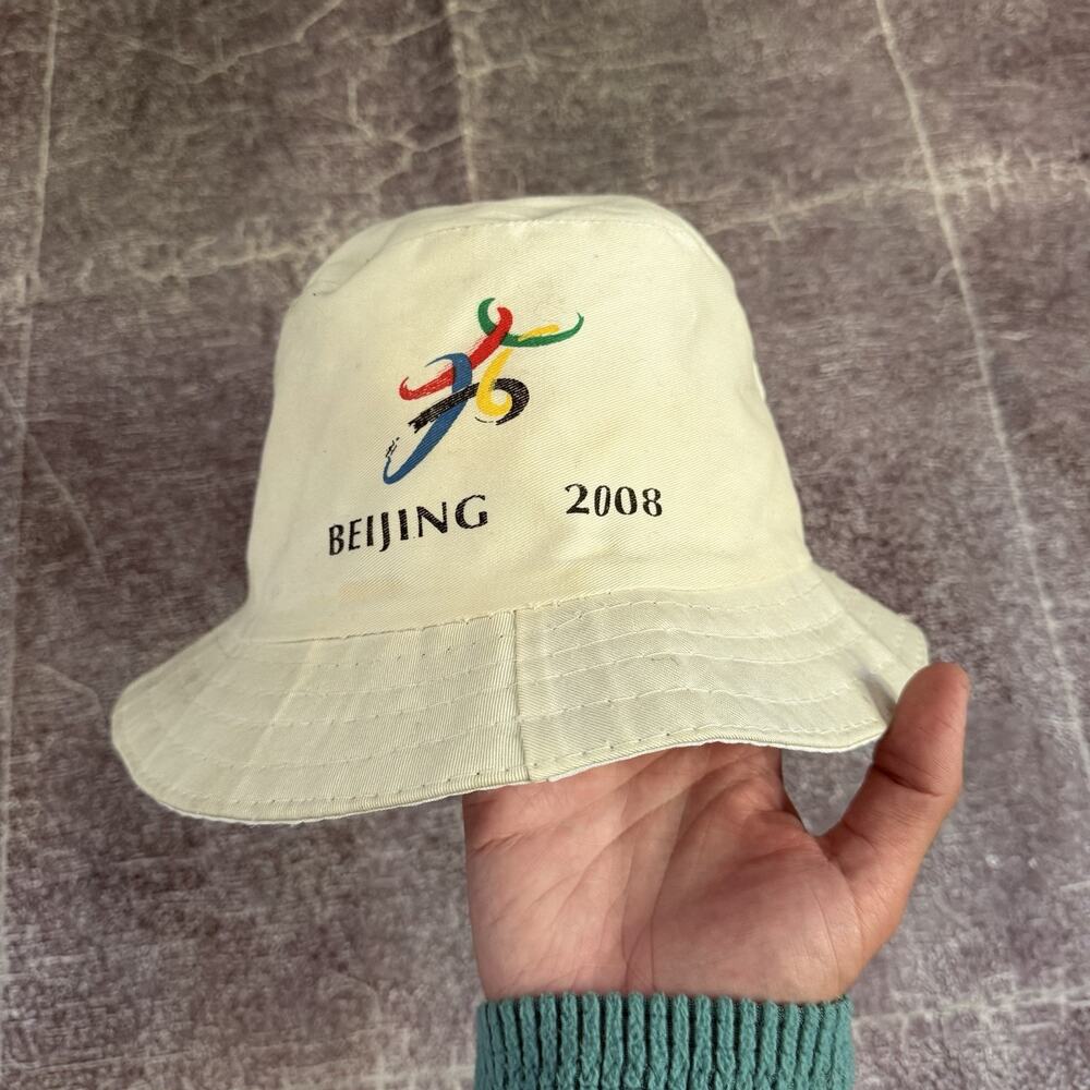 Mens Vintage Y2K 2008 Beijing Olympics White Fisherman Bucket Hat Cap Sz M 7 1/4